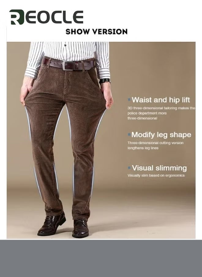 REOCLE Men's Pants Corduroy Trousers Pants Solid Color Casual Straight-fit Lightweight Spring and Summer Style Classic Formal Smart Trousers Brown  - Image 5