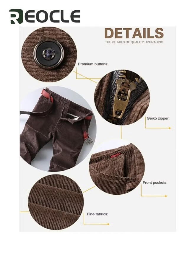 REOCLE Men's Pants Corduroy Trousers Pants Solid Color Casual Straight-fit Lightweight Spring and Summer Style Classic Formal Smart Trousers Brown  - Image 4