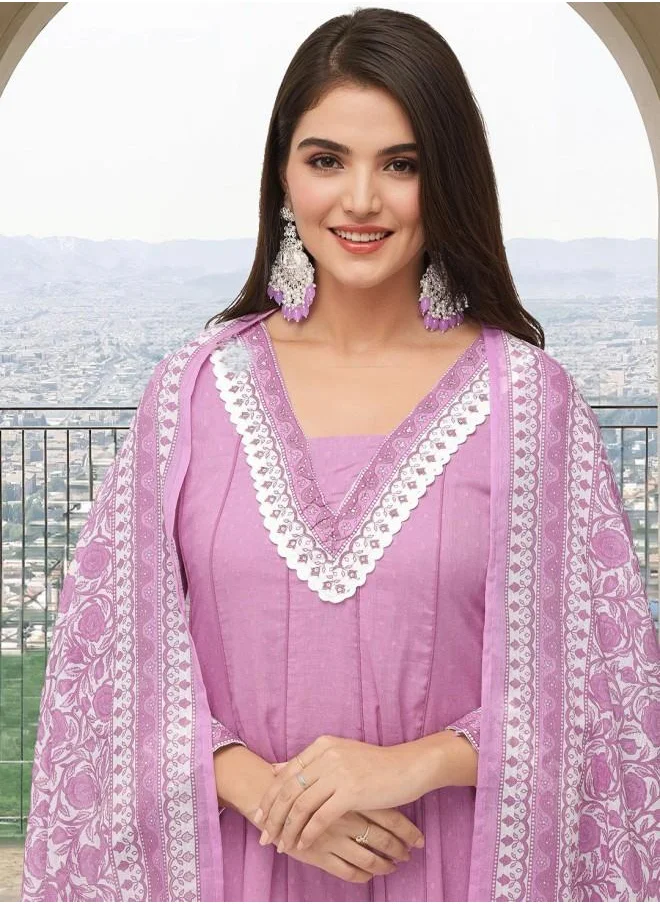 ISHIN Lilac Women Lilac Cotton Kurta Set with Embroidered pattern Tunic and Palazzo features a Round neckline and Three-Fourth Sleeve secured with Elastic closure and styled in Straight Fit ideal for Festive moments — crafted to elevate your special moments.