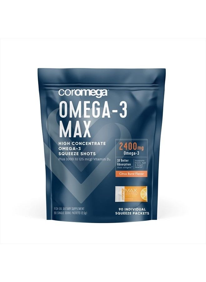 Coromega MAX High Concentrate Omega 3 Fish Oil, 2400mg Omega-3s with 3X Better Absorption Than Softgels, 90 Single Serve Packets, Citrus Burst Flavor; Anti Inflammatory Supplement with Vitamin D  - Image 2