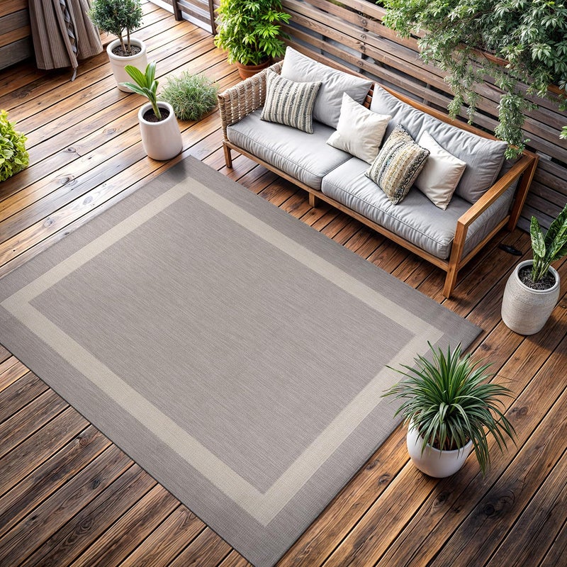 CAMILSON Outdoor Rug 6x9,Modern Outside Rugs for Patios Porches Waterproof Durable Washable Non-Shedding, Easy-to-Clean Indoor Outdoor Area Carpet (6 x 9, Bordered - Gray/White) - Image 1