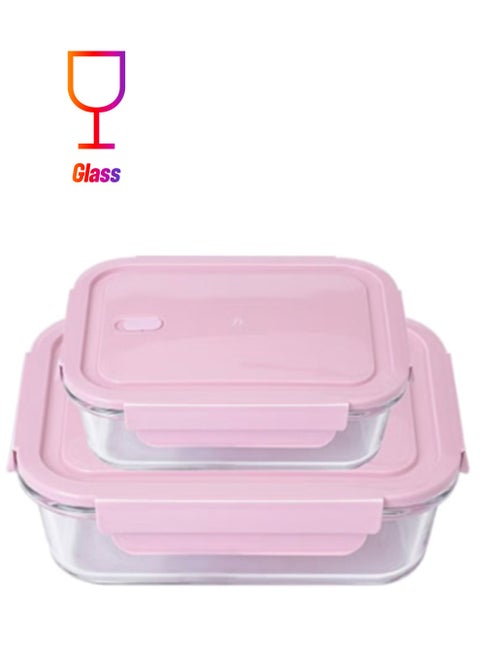 2-Piece Borosilicate Glass Food Container Lunch Box Set 410ml And 640ml  Pink/Clear