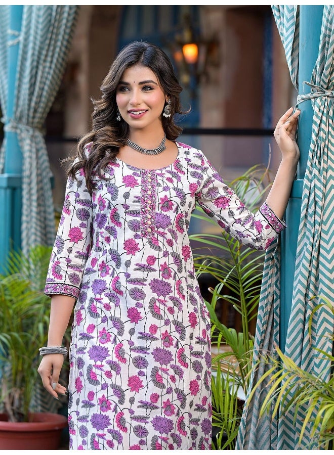 AKS AKS Floral Printed Round Neck Regular Pure Cotton Straight Kurta With Palazzos - Image 2