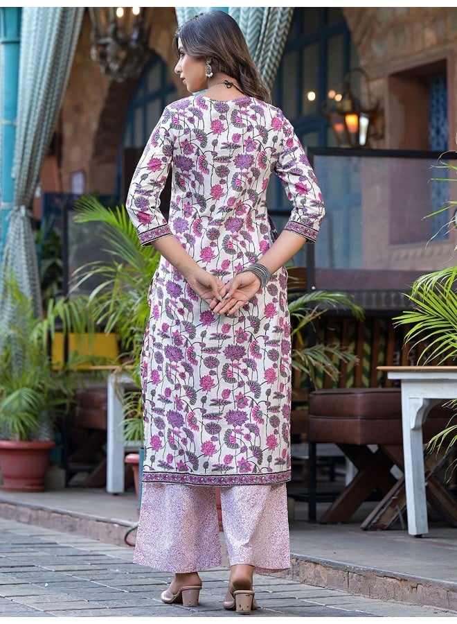 AKS AKS Floral Printed Round Neck Regular Pure Cotton Straight Kurta With Palazzos - Image 4