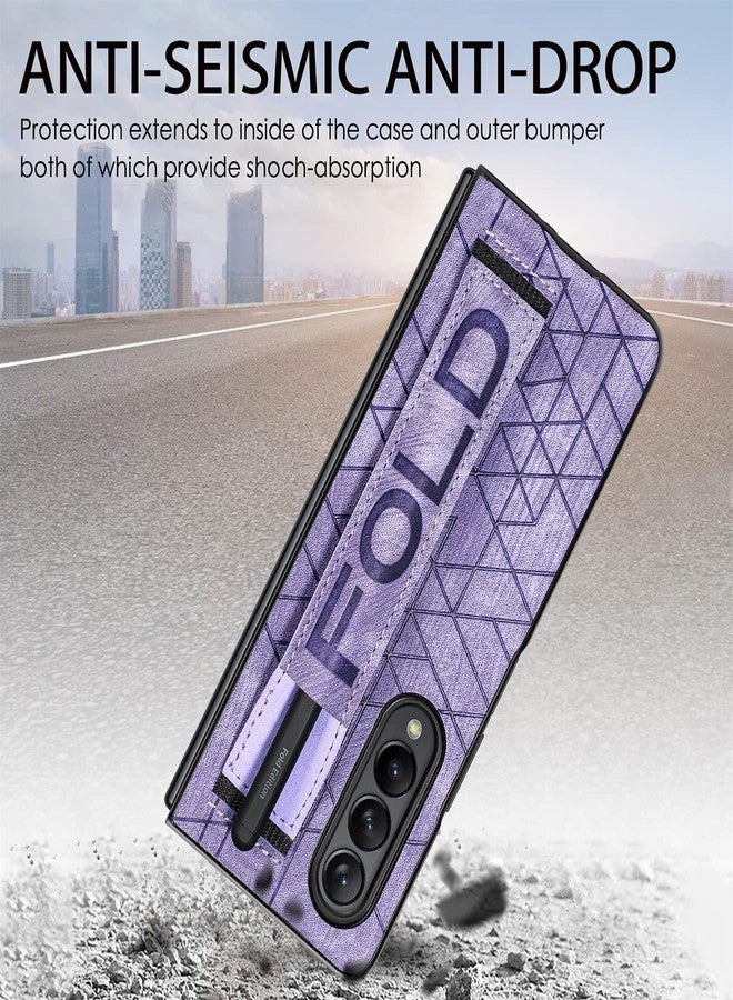 أوميو جراب جلدي من Omio لهاتف Galaxy Z Fold 4 مع حامل قلم S Pen وحزام، غطاء خلفي جلدي مع حزام للمعصم، جراب صلب مقاوم للصدمات من البولي كربونات مع مسكة مريحة للأصابع، مناسب للرجال والنساء والفتيات، لون بنفسجي - Image 3