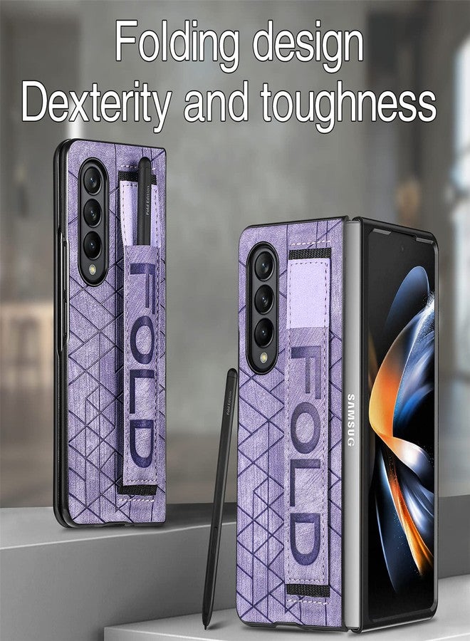 أوميو جراب جلدي من Omio لهاتف Galaxy Z Fold 4 مع حامل قلم S Pen وحزام، غطاء خلفي جلدي مع حزام للمعصم، جراب صلب مقاوم للصدمات من البولي كربونات مع مسكة مريحة للأصابع، مناسب للرجال والنساء والفتيات، لون بنفسجي - Image 2
