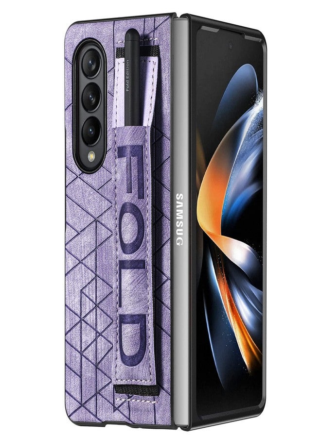 أوميو جراب جلدي من Omio لهاتف Galaxy Z Fold 4 مع حامل قلم S Pen وحزام، غطاء خلفي جلدي مع حزام للمعصم، جراب صلب مقاوم للصدمات من البولي كربونات مع مسكة مريحة للأصابع، مناسب للرجال والنساء والفتيات، لون بنفسجي - Image 1