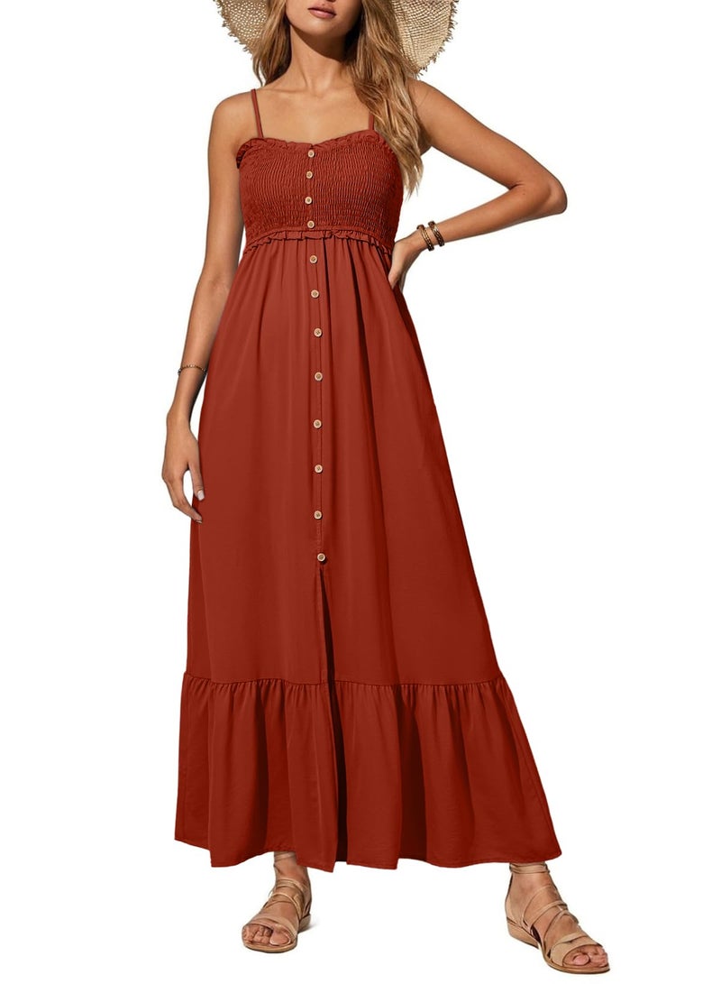 Dokotoo Maxi Dresses for Women 2025 Summer Sleeveless Button Spaghetti Strap Smocked Empire Waist A-Line Casual Sexy Resort Wear Beach Party Cover Up Holiday Dresses Long Sun Dress Orange X-Large - Image 1