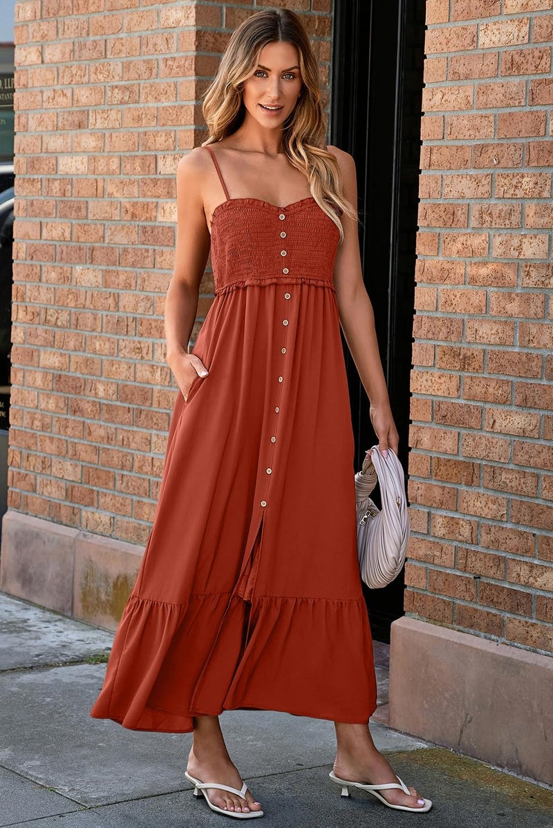 Dokotoo Maxi Dresses for Women 2025 Summer Sleeveless Button Spaghetti Strap Smocked Empire Waist A-Line Casual Sexy Resort Wear Beach Party Cover Up Holiday Dresses Long Sun Dress Orange X-Large - Image 4