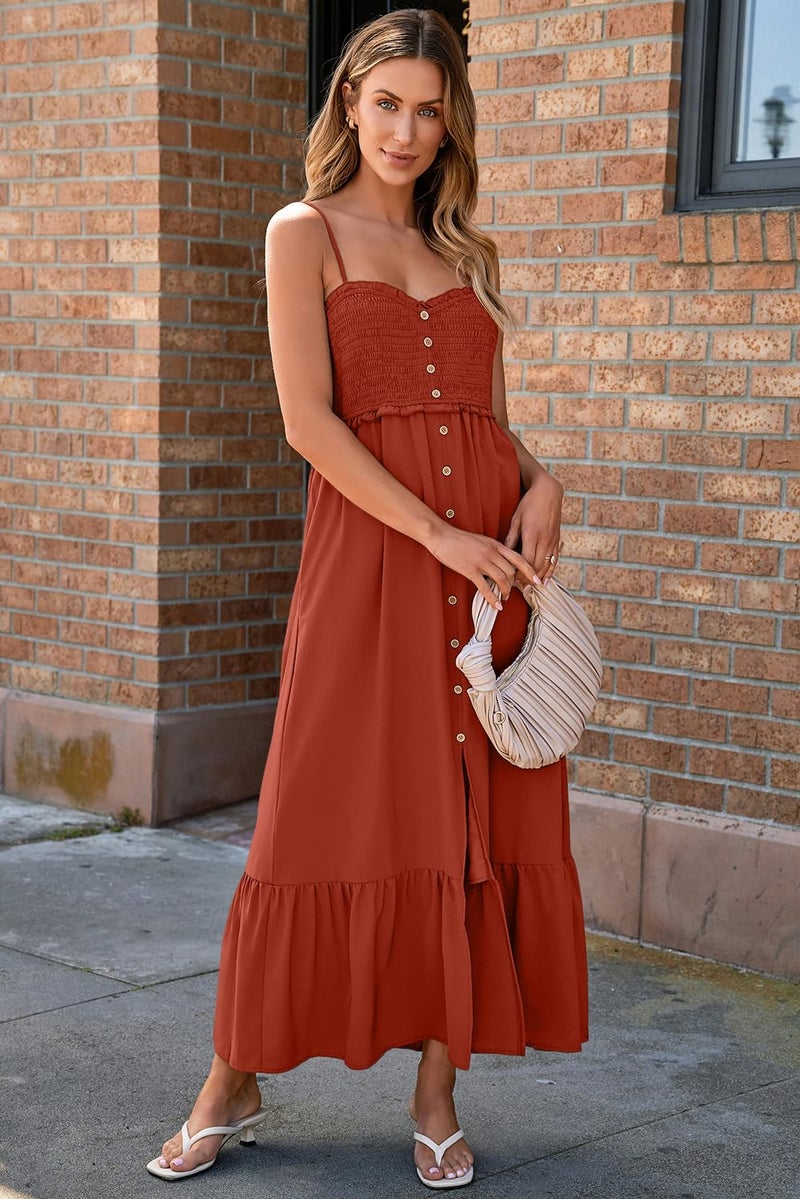 Dokotoo Maxi Dresses for Women 2025 Summer Sleeveless Button Spaghetti Strap Smocked Empire Waist A-Line Casual Sexy Resort Wear Beach Party Cover Up Holiday Dresses Long Sun Dress Orange X-Large - Image 5