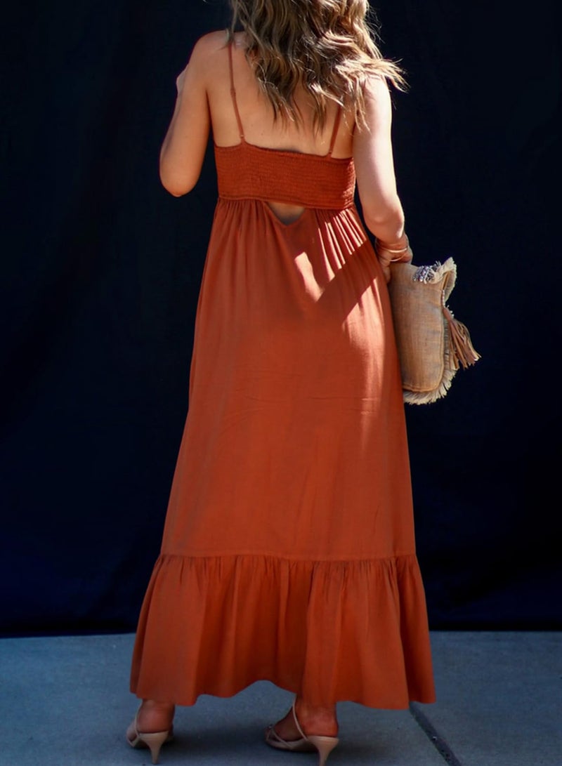 Dokotoo Maxi Dresses for Women 2025 Summer Sleeveless Button Spaghetti Strap Smocked Empire Waist A-Line Casual Sexy Resort Wear Beach Party Cover Up Holiday Dresses Long Sun Dress Orange X-Large - Image 2