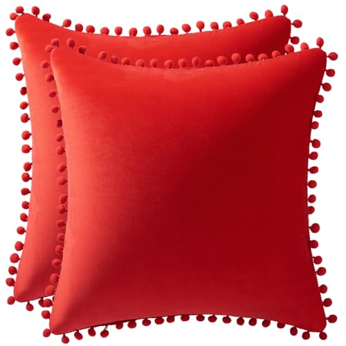 DEZENE Throw Pillow Covers 18x18 Red 2 Pack Cozy Soft Pompoms Velvet Square Decorative Pillow Cases for Farmhouse Home Decor