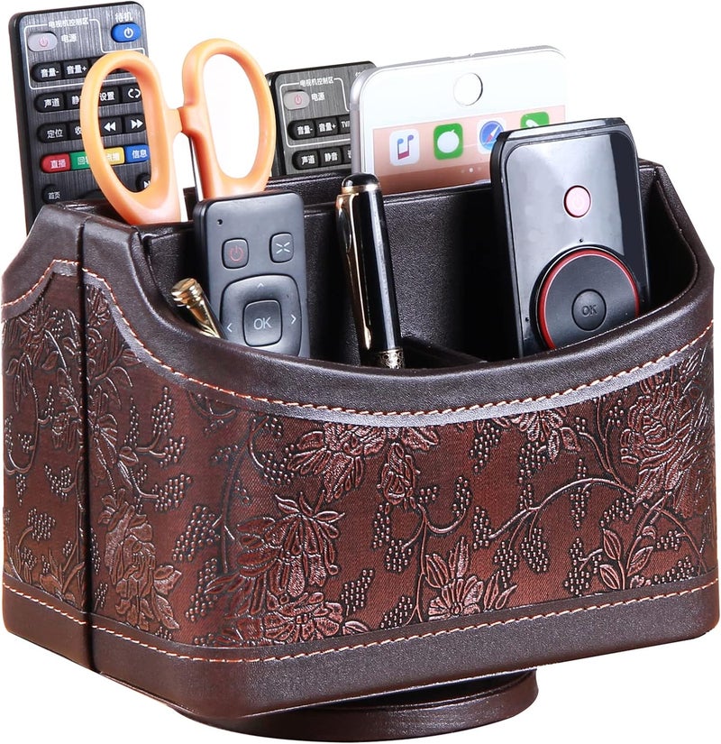 PUSU Leather 360°Rotatable Remote Control Holder,Nightstand TV Remote Caddy,Office Supplies Desktop Organizer,Spinning Storage Box for Pen,Mail,Phone,DVD, Blu-Ray, Media Player, Heater Controllers - Image 1