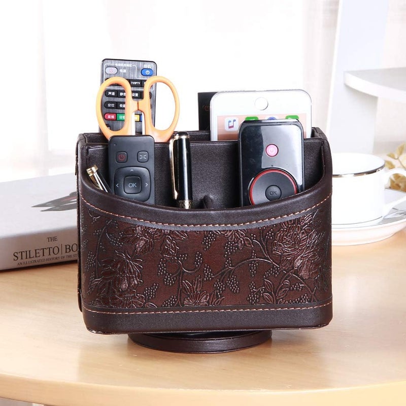 PUSU Leather 360°Rotatable Remote Control Holder,Nightstand TV Remote Caddy,Office Supplies Desktop Organizer,Spinning Storage Box for Pen,Mail,Phone,DVD, Blu-Ray, Media Player, Heater Controllers - Image 2