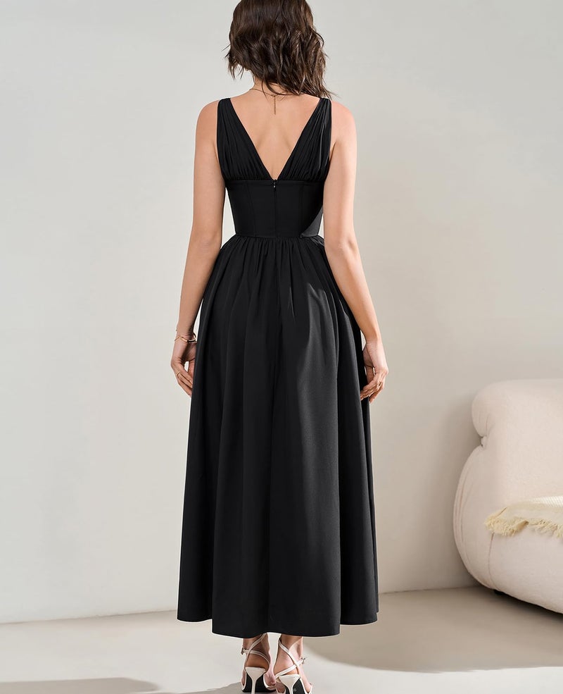 GLNEGE Women's Summer Corset Midi Milkmaid Dress Casual V Neck Flowy A Line Sundress Wedding Guest Dresses with Pockets 2026 Black - Image 3