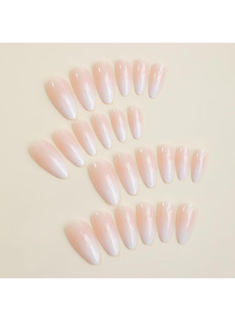 KHAJUL Press on Nails Short Almond Fake Nails Nude Gradient Nails Press Ons Glossy Natural False Nails Stick Glue on Nail for Women 24Pcs - Image 2