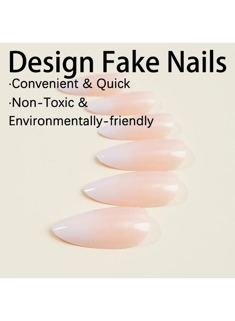 KHAJUL Press on Nails Short Almond Fake Nails Nude Gradient Nails Press Ons Glossy Natural False Nails Stick Glue on Nail for Women 24Pcs - Image 3