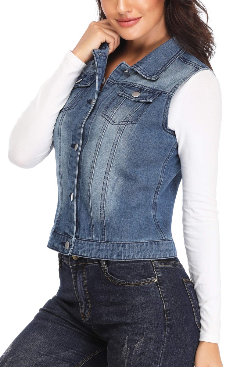MISS MOLY Women's Denim Vest Cropped Classic Sleeveless Jean Vest Jackets With Flap Pockets Blue M - Image 4
