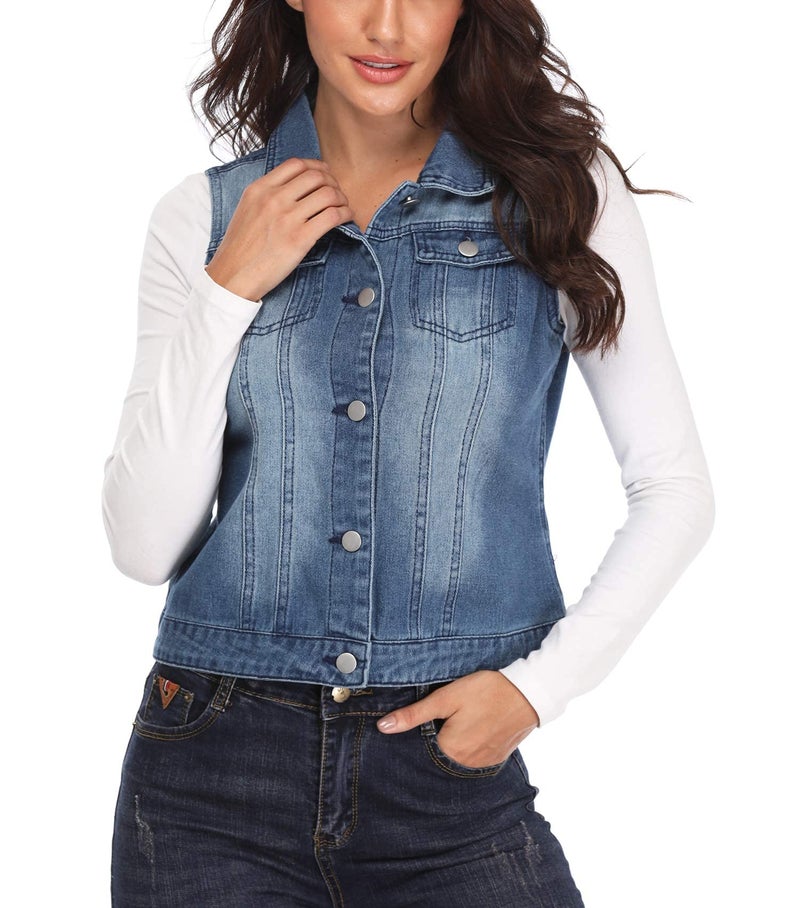 MISS MOLY Women's Denim Vest Cropped Classic Sleeveless Jean Vest Jackets With Flap Pockets Blue M - Image 3