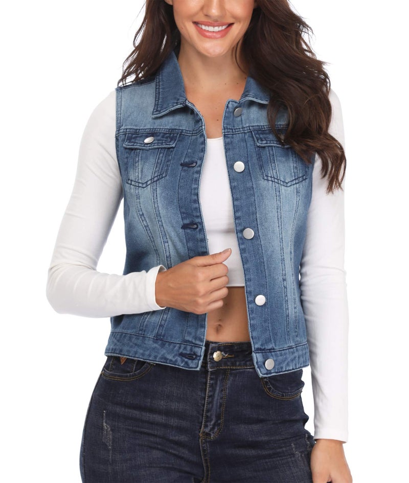 MISS MOLY Women's Denim Vest Cropped Classic Sleeveless Jean Vest Jackets With Flap Pockets Blue M - Image 1