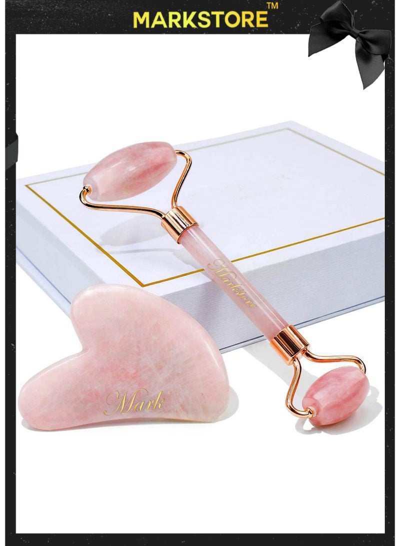 MARK STORE Jade Roller and Gua Sha Facial Tools, 100% Natural Rose Quartz Gua Sha Stone, Jade roller & Gua sha Tool for Face Jawline Sculpting and Puffiness Reducing, Gua Sha Massage Tool, Skin Care Gift with beautiful premium box pack - Image 1