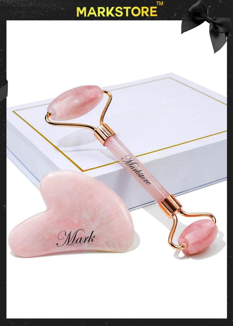 MARK STORE Jade Roller and Gua Sha Facial Tools, 100% Natural Rose Quartz Gua Sha Stone, Jade roller & Gua sha Tool for Face Jawline Sculpting and Puffiness Reducing, Gua Sha Massage Tool, Skin Care Gift with beautiful premium box pack - Image 1