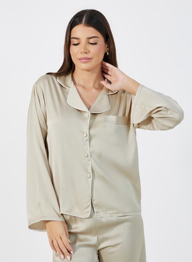Styli Styli Solid Piped Button Through Shirt and Pyjama Set  - Image 2