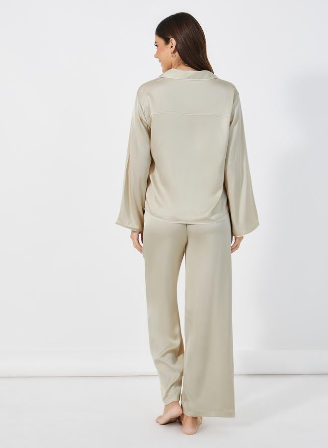 Styli Styli Solid Piped Button Through Shirt and Pyjama Set  - Image 4