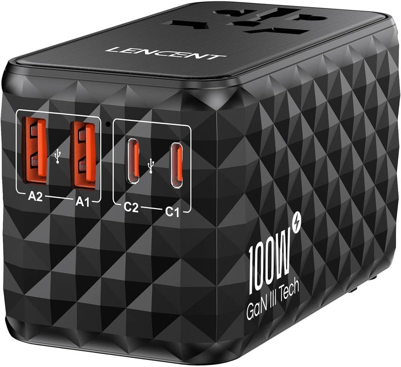 Lencent 100W International Travel Plug Adapter, Universal Travel Adaptor with 2 USB-A & 2 USB-C Fast Charging, All-in-One Power Adapter for Mobile Phone, Laptops, Type A/C/G/I (USA/EU/UK/AUS), Black - Image 1