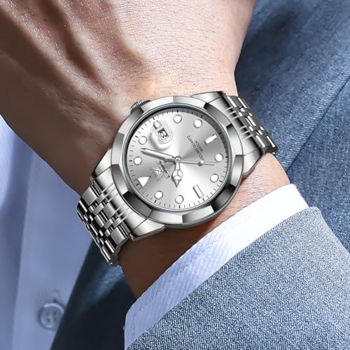 OPK Watch for Men Silver White Simple Fashion Stainless Steel Analog Mens Wrist Watch Large Dial Waterproof Date Casual Watch for Man - Image 3