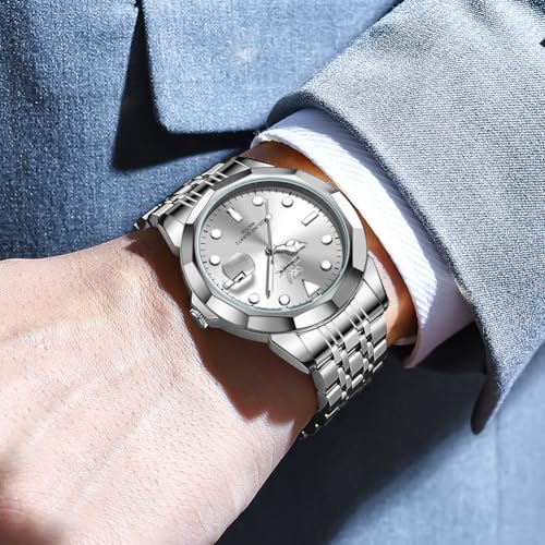 OPK Watch for Men Silver White Simple Fashion Stainless Steel Analog Mens Wrist Watch Large Dial Waterproof Date Casual Watch for Man - Image 4