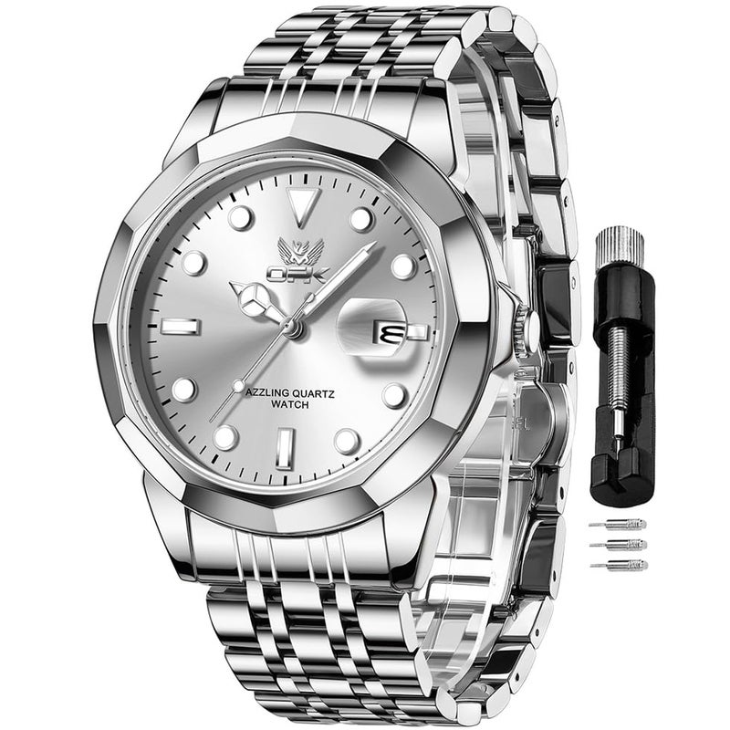 OPK Watch for Men Silver White Simple Fashion Stainless Steel Analog Mens Wrist Watch Large Dial Waterproof Date Casual Watch for Man - Image 1