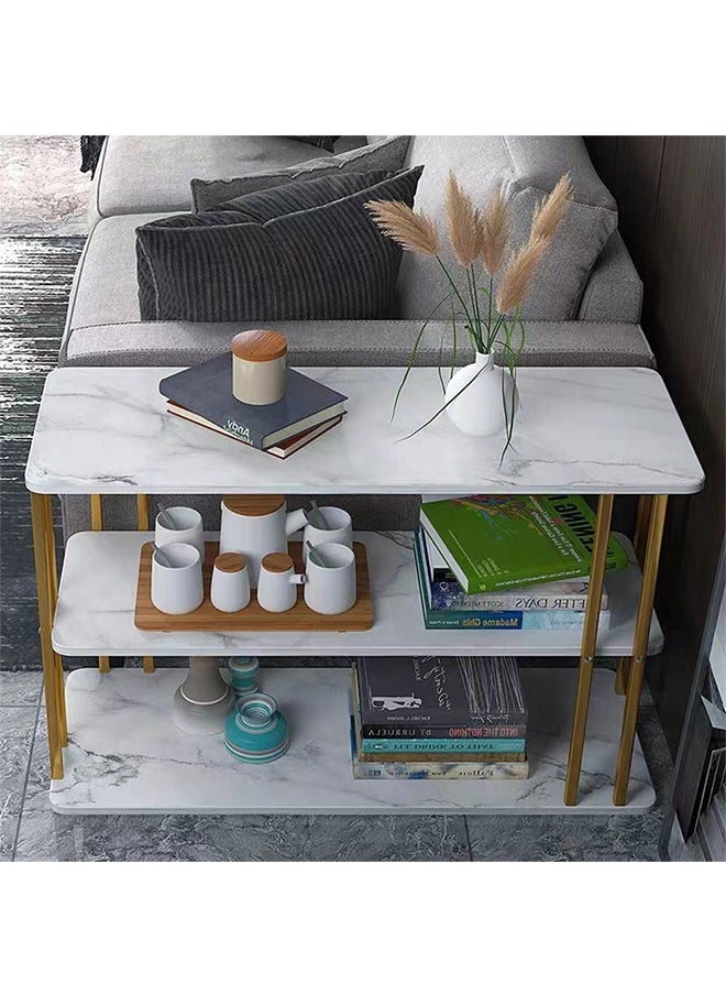CityRiya-Long - Side Table White Marble Coffee Table Tea End Table for Sofa Bed and Couch Corner Bedside Table Accent Desk with 3 Tier Storage for Bedroom, Living Room, Small Spaces - Image 1
