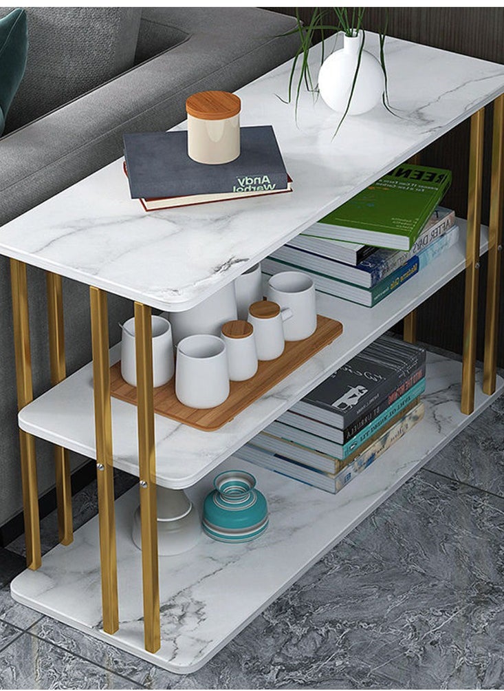 CityRiya-Long - Side Table White Marble Coffee Table Tea End Table for Sofa Bed and Couch Corner Bedside Table Accent Desk with 3 Tier Storage for Bedroom, Living Room, Small Spaces - Image 1