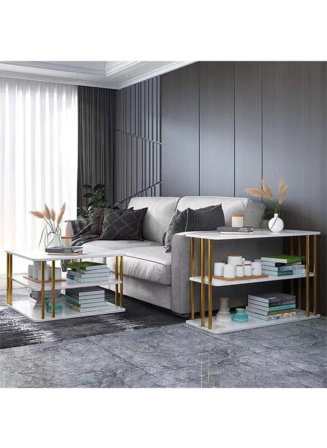 CityRiya-Long - Side Table White Marble Coffee Table Tea End Table for Sofa Bed and Couch Corner Bedside Table Accent Desk with 3 Tier Storage for Bedroom, Living Room, Small Spaces - Image 1