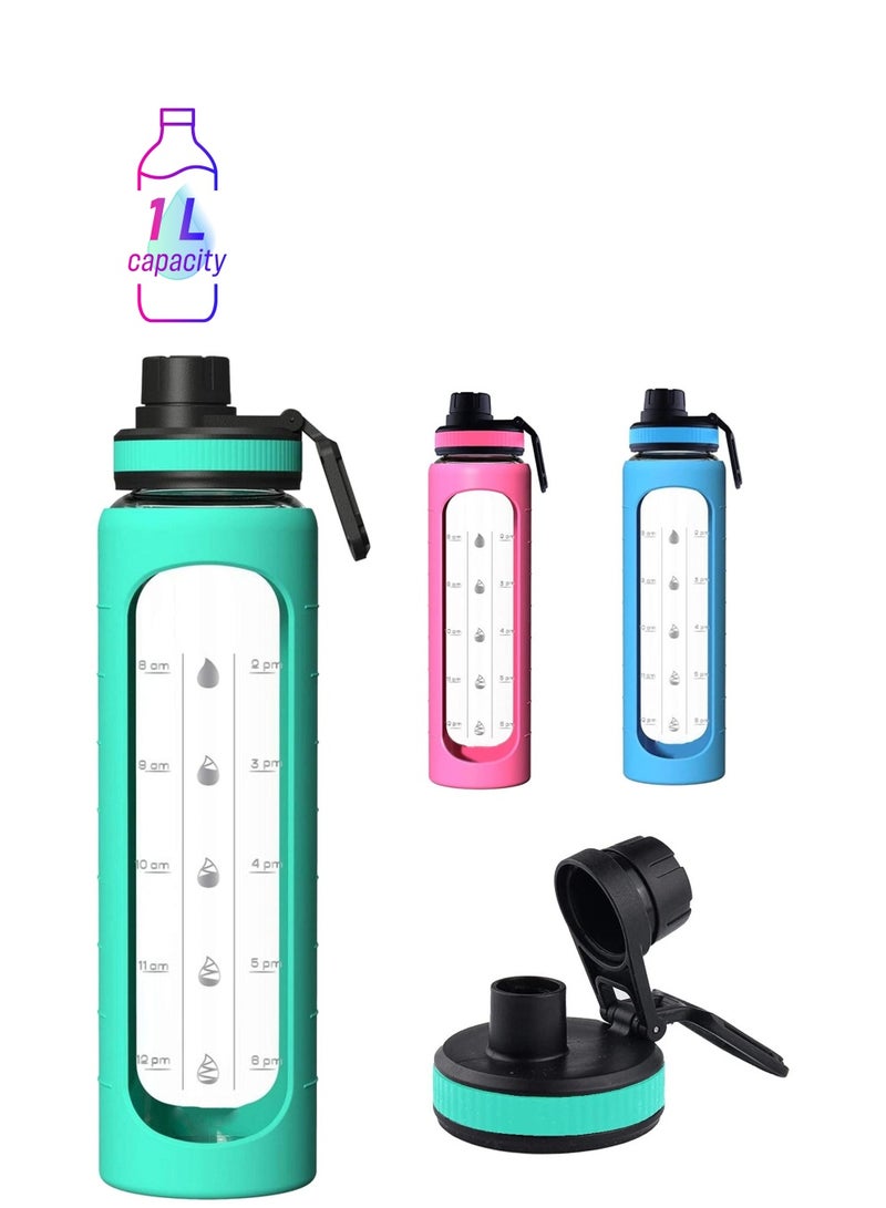 XiuWoo 32 oz Glass Water Bottle with Time Marks and Silicone Sleeve - Flip Lid, Motivational Bottles for Hydration, Reusable, Wide Mouth, Leakproof, 1 Liter Drinking Bottle, BPA Free  - Image 1