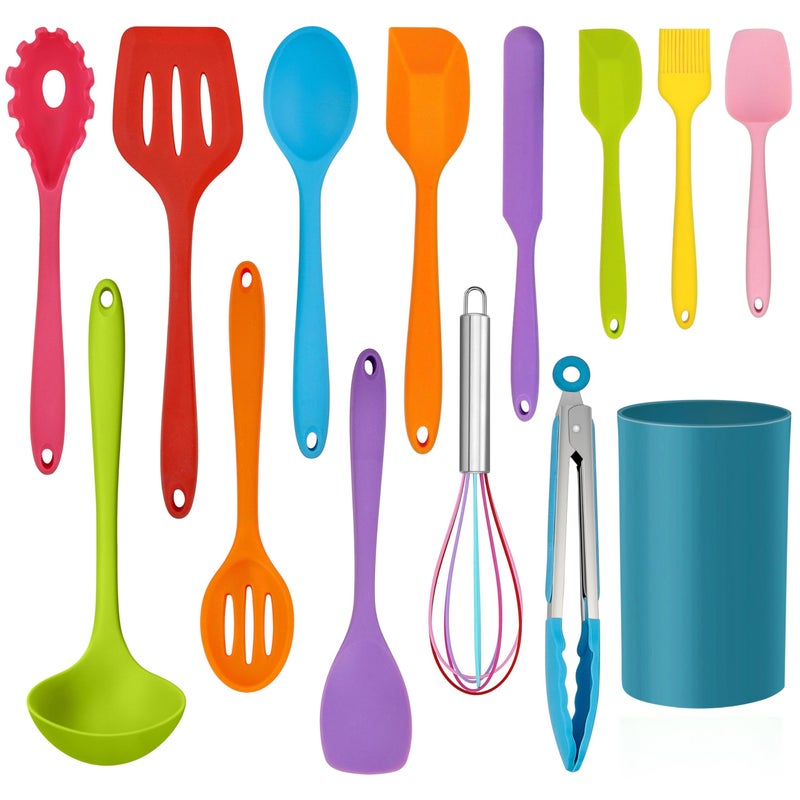 LIANYU 14 Pcs Cooking Utensils Set with Holder Silicone Kitchen Cookware Utensils Set Heat Resistant Cooking Gadget Tools Includes Spatula Spoon Turner Whisk Tong Dishwasher Safe Colorful