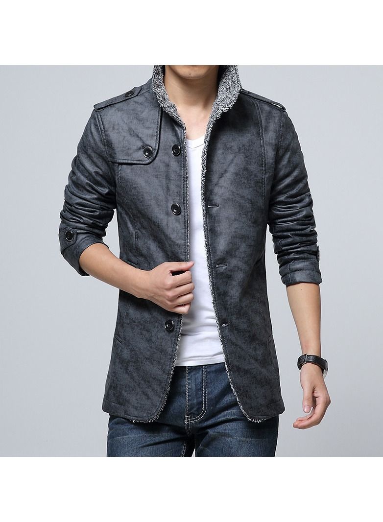 Men's Winter Lapel Leather Jacket Grey