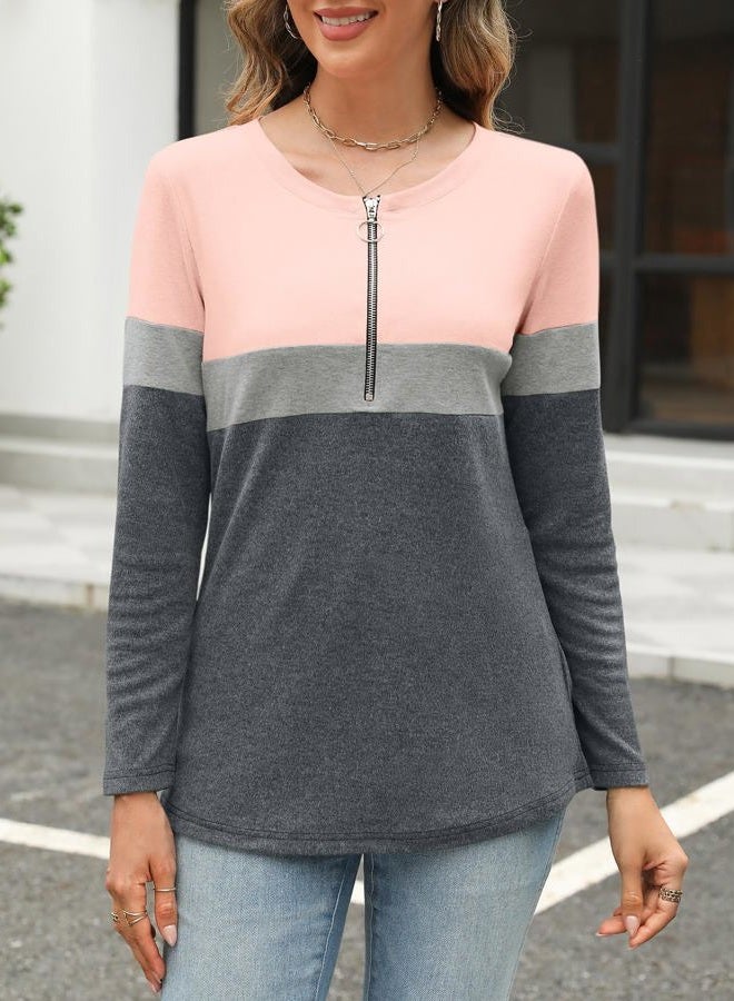 TICTICMISS Women's Long Sleeve Shirts Zipper Color Block V Neck Tunic Tops Casual Blouse - Image 2