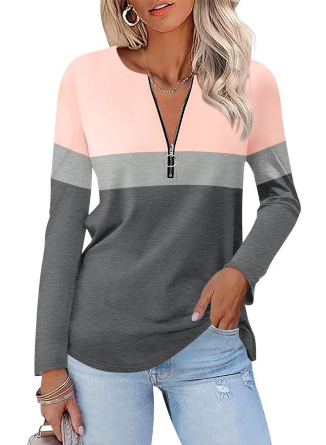 TICTICMISS Women's Long Sleeve Shirts Zipper Color Block V Neck Tunic Tops Casual Blouse - Image 1