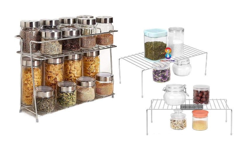 12FOR COLLECTION Stainless Steel Heavy Built Strong 2 Layer Storage Organizer Rack and 2pcs Kitchen Dish Rack Expandable Storage Shelves for Kitchen Combo Silver - Image 1