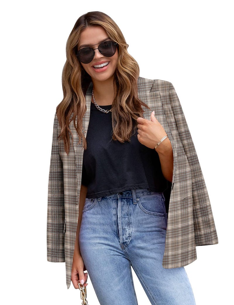 CRAZY GRID Womens Casual Blazer Long Sleeve Business Suit Jacket Open Front Button Work Office Blazer Jacket Fashion Dressy Plus Size Ladies Blazer Grey Frame 3XL - Image 2
