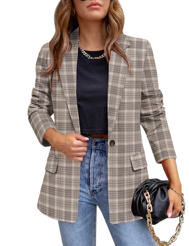 CRAZY GRID Womens Casual Blazer Long Sleeve Business Suit Jacket Open Front Button Work Office Blazer Jacket Fashion Dressy Plus Size Ladies Blazer Grey Frame 3XL - Image 1