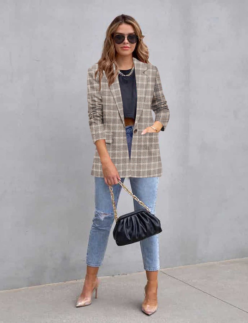 CRAZY GRID Womens Casual Blazer Long Sleeve Business Suit Jacket Open Front Button Work Office Blazer Jacket Fashion Dressy Plus Size Ladies Blazer Grey Frame 3XL - Image 4