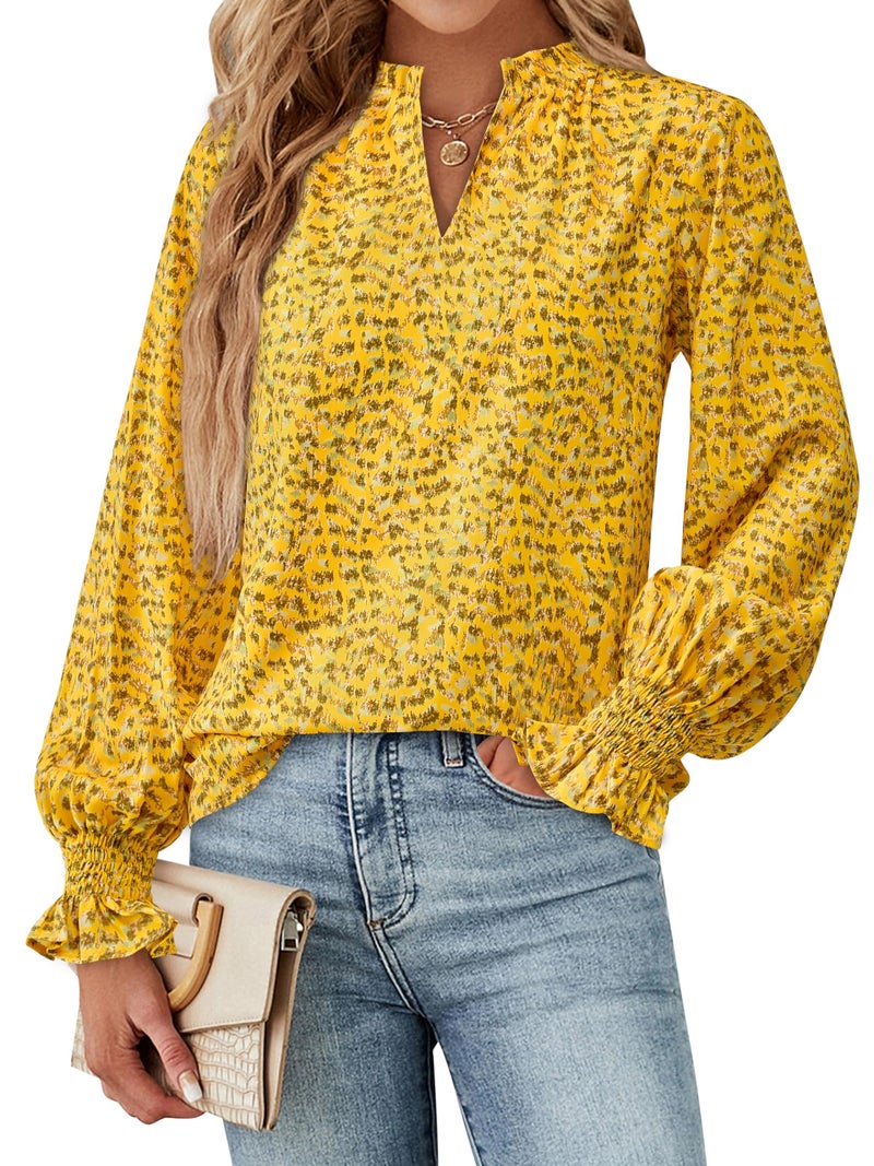 MASCOMODA Womens V Neck Floral Long Sleeve Tops 2026 Summer Casual Loose Puff Sleeve Chiffon Boho Work Blouse Dressy T Shirts(Yellow Flower,XX-Large) - Image 2