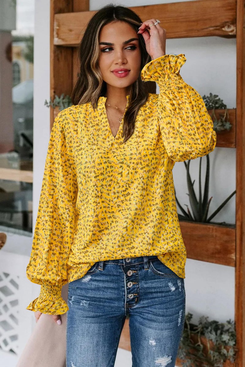 MASCOMODA Womens V Neck Floral Long Sleeve Tops 2026 Summer Casual Loose Puff Sleeve Chiffon Boho Work Blouse Dressy T Shirts(Yellow Flower,XX-Large) - Image 3