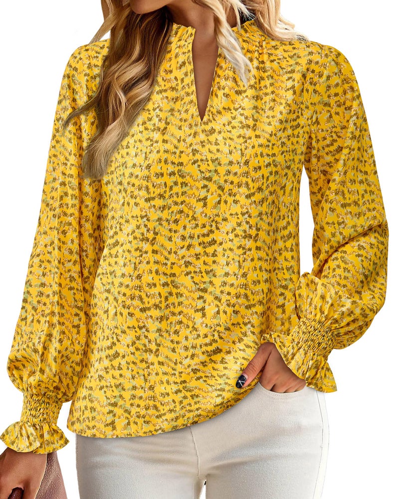 MASCOMODA Womens V Neck Floral Long Sleeve Tops 2026 Summer Casual Loose Puff Sleeve Chiffon Boho Work Blouse Dressy T Shirts(Yellow Flower,XX-Large) - Image 4