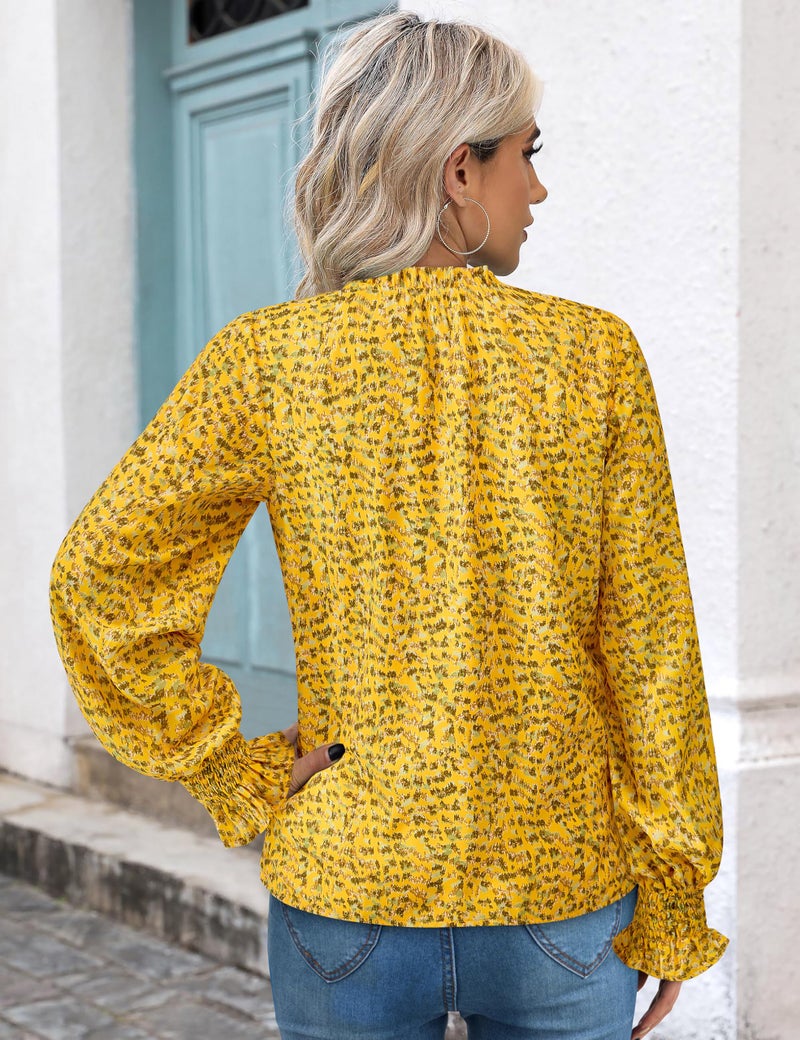 MASCOMODA Womens V Neck Floral Long Sleeve Tops 2026 Summer Casual Loose Puff Sleeve Chiffon Boho Work Blouse Dressy T Shirts(Yellow Flower,XX-Large) - Image 5