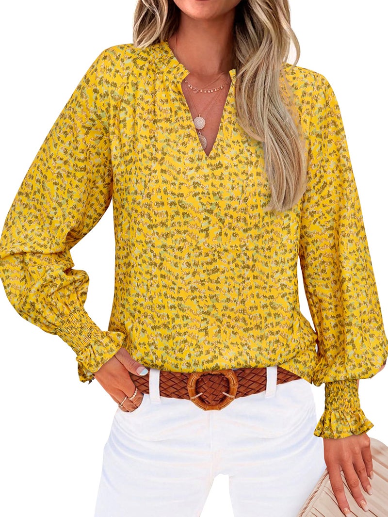 MASCOMODA Womens V Neck Floral Long Sleeve Tops 2026 Summer Casual Loose Puff Sleeve Chiffon Boho Work Blouse Dressy T Shirts(Yellow Flower,XX-Large) - Image 1