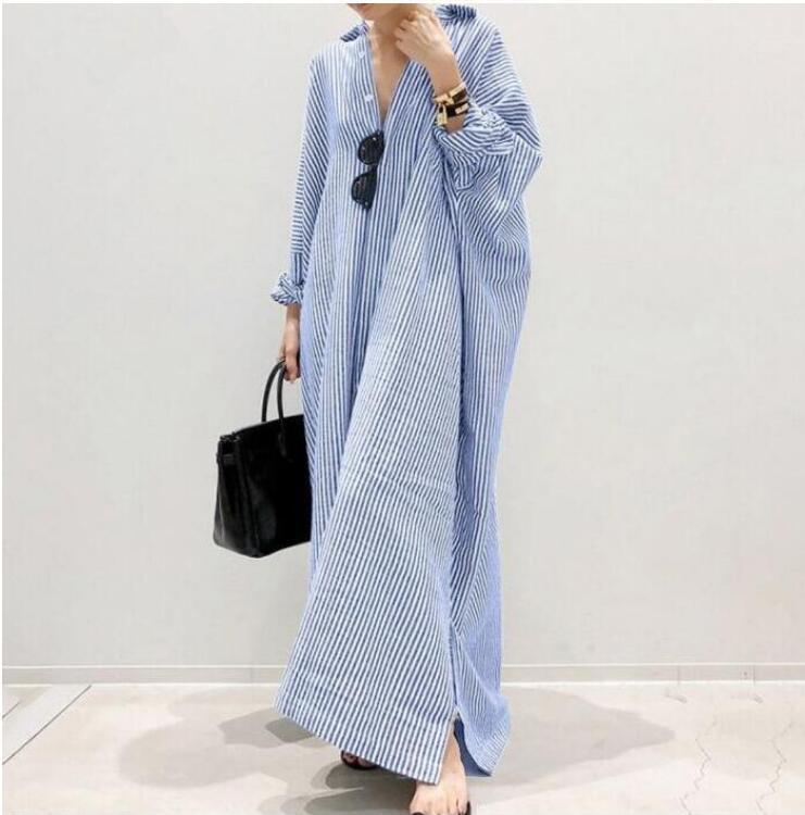 2022 Cross-border AliExpress New Cotton and Linen Striped Cardigan Loose Large Size Elegant Commuter Irregular Dress Blue Bar - Image 1